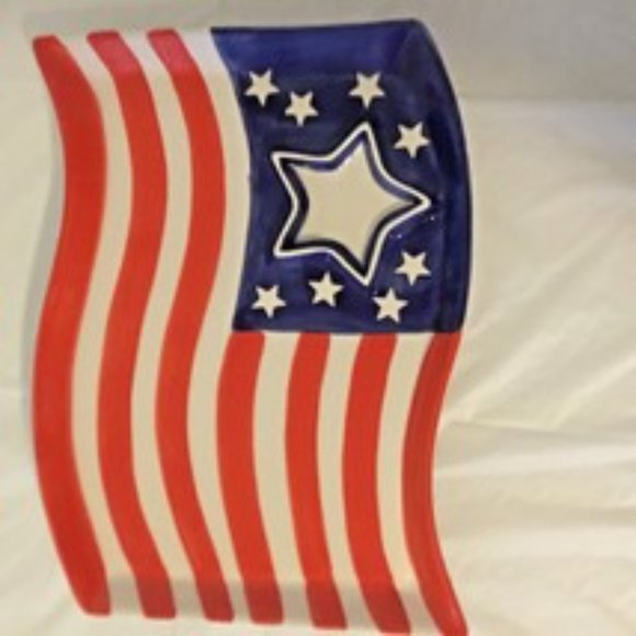 Chip & Dip Tray Set Ceramic Red White & Blue Flying Flag Kitchen Worthey Server - Picture 2 of 7